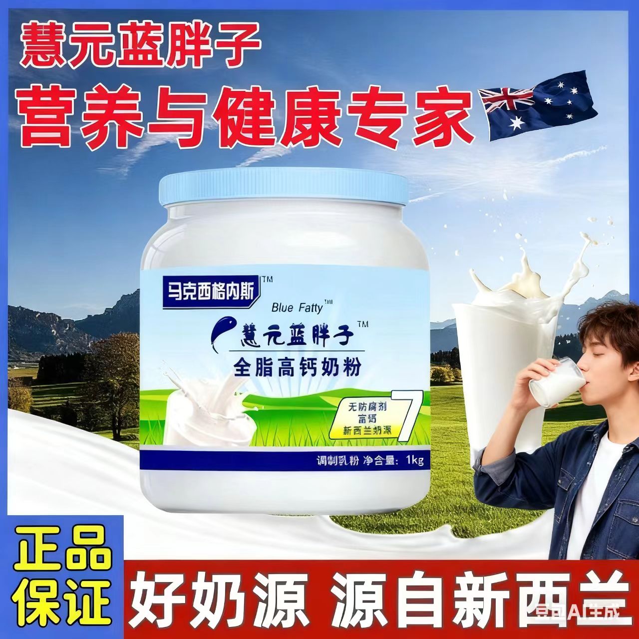蓝胖子全脂脱脂高钙奶粉多维高蛋白低脂无蔗糖成人学生青少年补钙