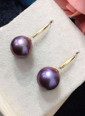 点醉天然淡水珍珠耳环10-14mm爱迪生深紫色正圆高强光基本无暇银