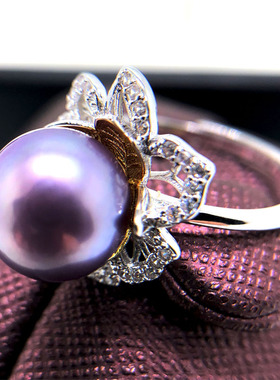 妖紫色葡萄紫色天然珍珠戒指 正圆强光高品质淡水爱迪生正品925银