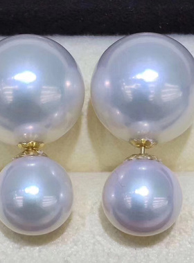 天然淡水珍珠耳饰大小双面珍珠18K金耳钉13-14mm正圆珍珠前后正品