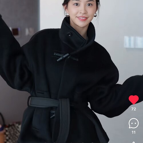 lemair*同款羊驼毛梅小姐同款牛角扣宽松廓形短大衣羊毛外套