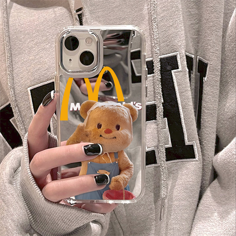 ins风可爱超萌火黄油小熊适用苹果16Promax手机壳15防摔14镜面iPhone13补妆镜12保护套xs男女11情侣xsmax网红