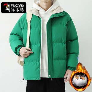 啄木鸟防风立领棉服男生冬装时尚英文百搭休闲款保暖棉衣外套学生