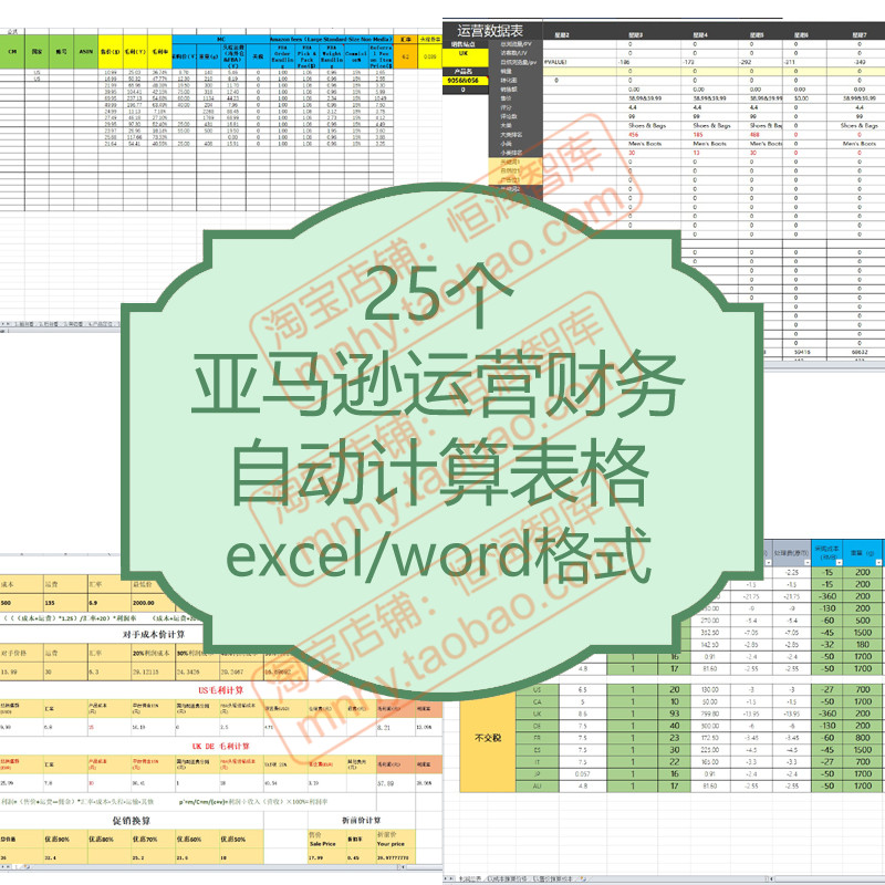 亚马逊财务自动计算表格产品开发业绩数据统计成本售价推算表报表