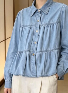2026年春夏新品牛仔娃娃衬衫拼色大摆翻领多层长袖上衣淑女衬衫