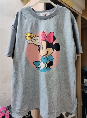 春秋夏新款厚款灰色T恤彩色米奇短袖卫衣T恤女圆领中长款打底衫