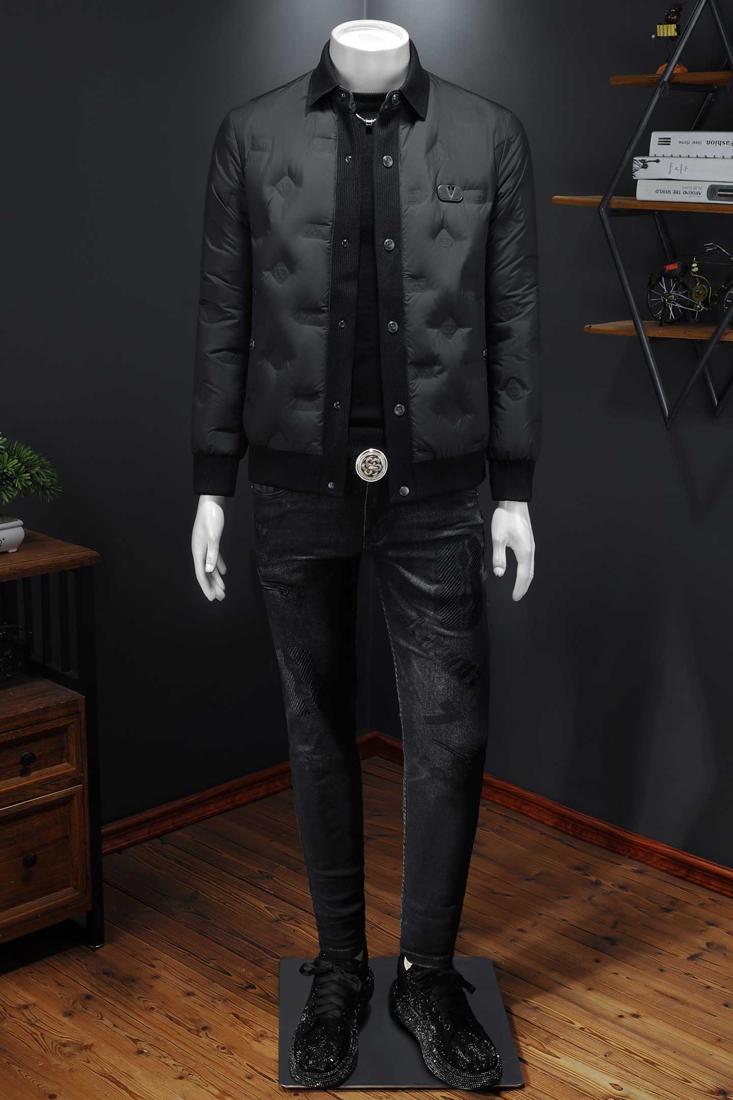 Y9866P3352025高端冬季90%白鸭绒暗花翻领羽绒服镂空黑色，男装羽绒服，钱塘6016-1(原3019)
