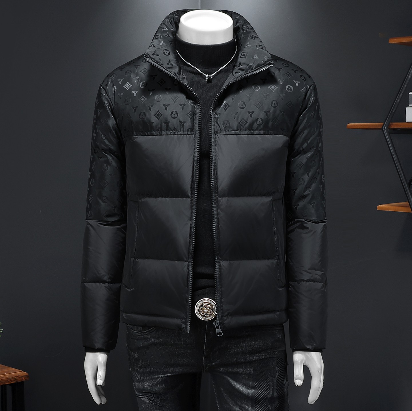 Y9821 P310 2025高端冬季90%白鸭绒提花立领羽绒服 假模 355,男装羽绒服,钱塘6016-1(原3019)