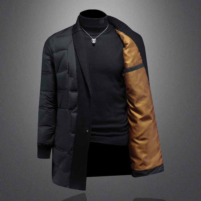 Y9582P3602026冬季90%白鸭绒暗纹针织领中长款羽绒服镂空控405,男装羽绒服,钱塘6016-1(原3019)
