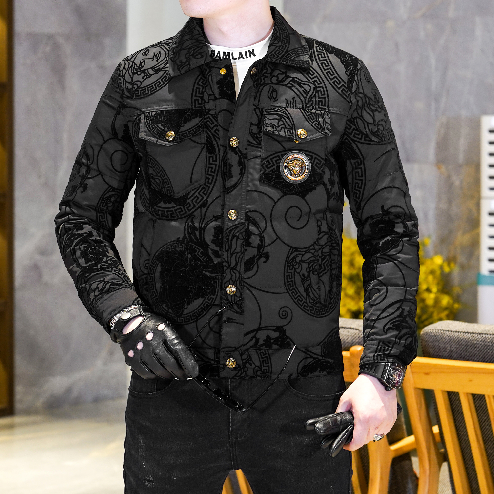 Y9883P3002024高端冬季90%白鸭绒翻领单排扣羽绒服真模黑色,男装羽绒服,钱塘6016-1(原3019)