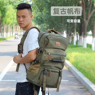 复古帆布大容量扩容双肩包出门打工行李包男女旅游背包防水耐磨包