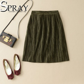 素雅不单调复古条绒及膝百褶伞裙半身裙秋装 米虫爱吃米女丝绒短裙