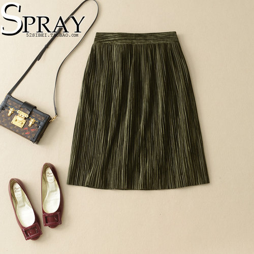 素雅不单调复古条绒及膝百褶伞裙半身裙秋装米虫爱吃米女丝绒短裙