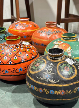 印度手工彩绘铁艺花器摆件