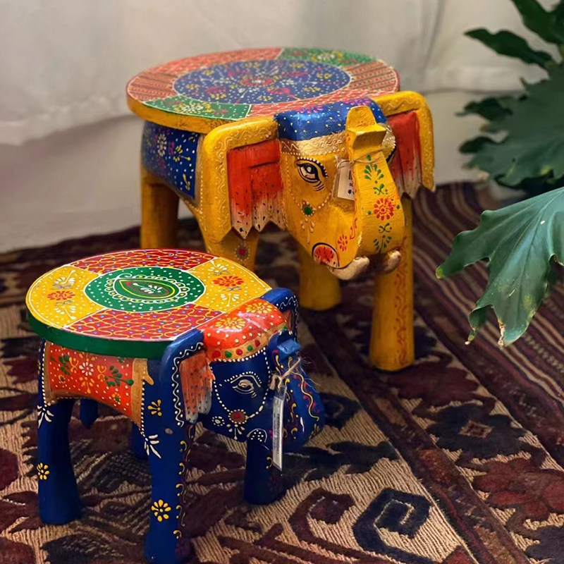 印度彩绘实木象凳家用客厅创意可爱大象换鞋凳矮凳东南亚装饰摆件,家居饰品,装饰摆件,淘宝优惠券,粉丝福利购,淘宝优惠卷