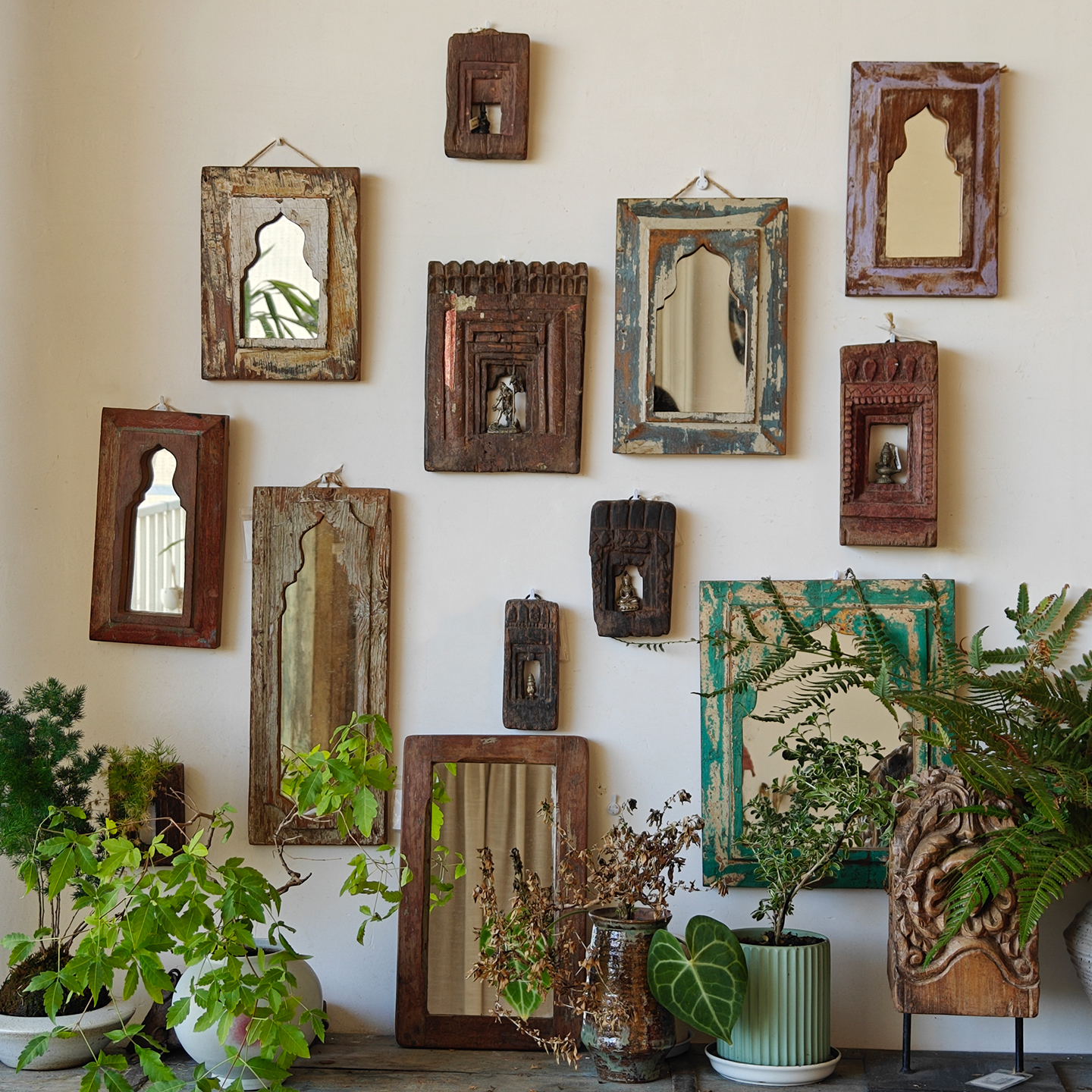 印度老木装饰挂镜中古侘寂风家用壁挂玄关镜民宿酒吧创意挂墙镜子