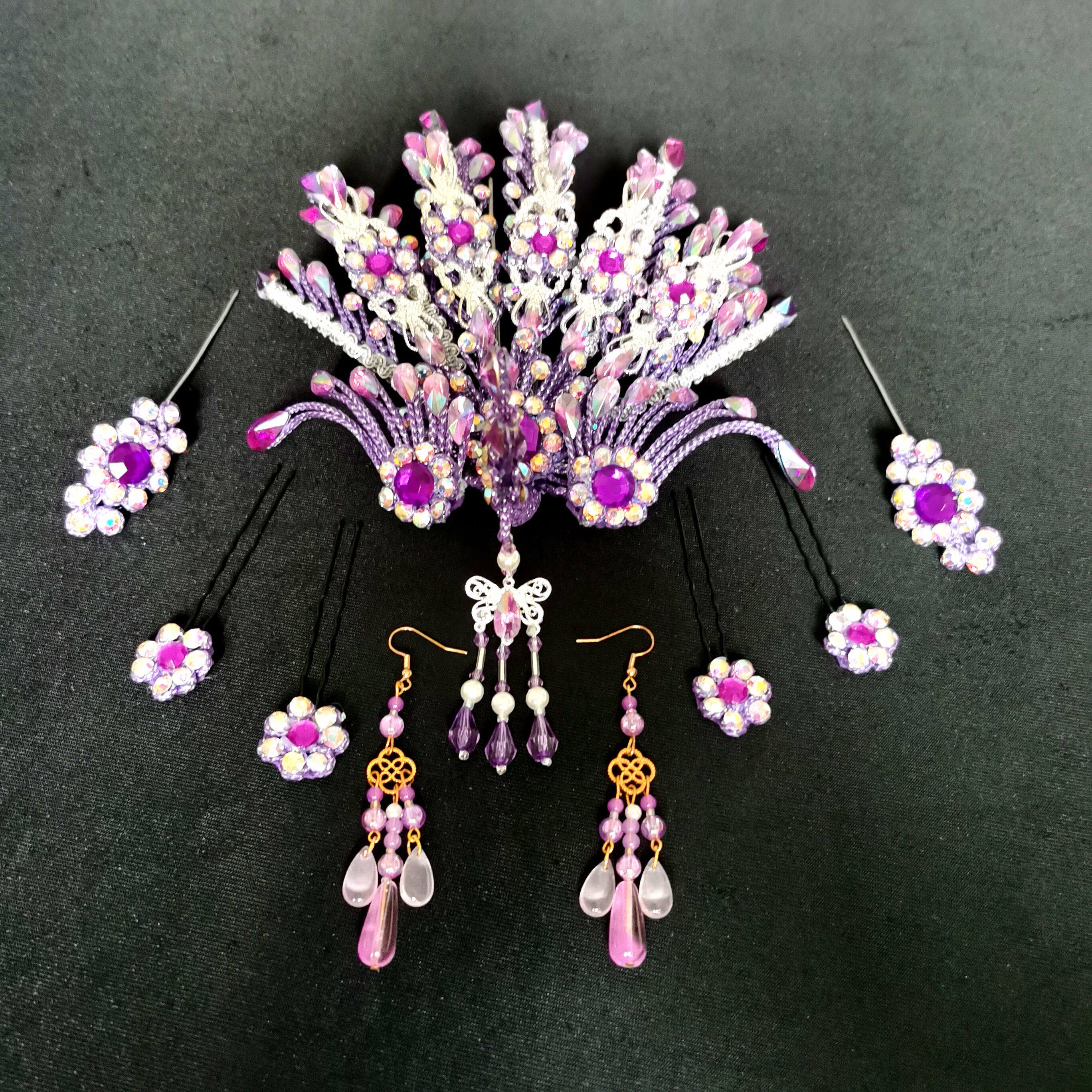 戏曲头饰花旦正凤紫色凤凰发簪套装戏剧粤剧片子石越剧紫冠儿童款