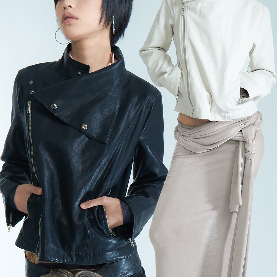 摩托女神拽姐变形翻领修身皮衣