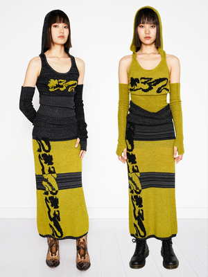 TROPICEYE【现货】春秋小众三件套图腾暗黑先锋针织背心分体套裙