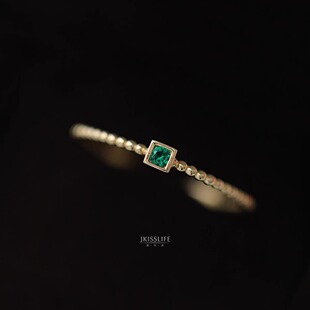 经典 9K黄金 法式 金豆豆 简约 气质祖母绿色锆石微镶K金戒指指环