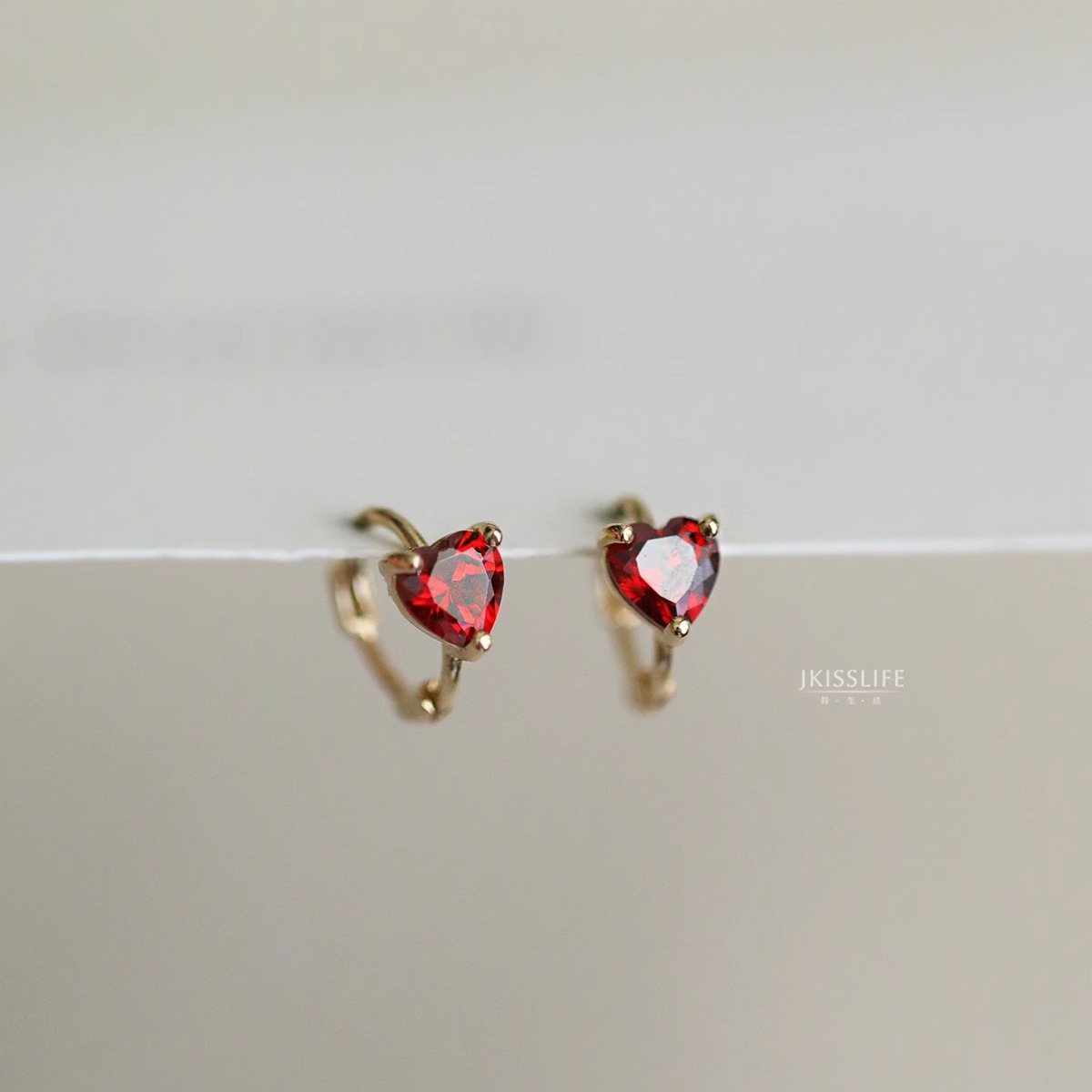 9K黄金法式爱心耳骨环酒红耳扣