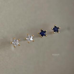 9K黄金 迷你蓝白锆石星星K金耳钉 简约精致百搭小巧耳骨钉耳饰