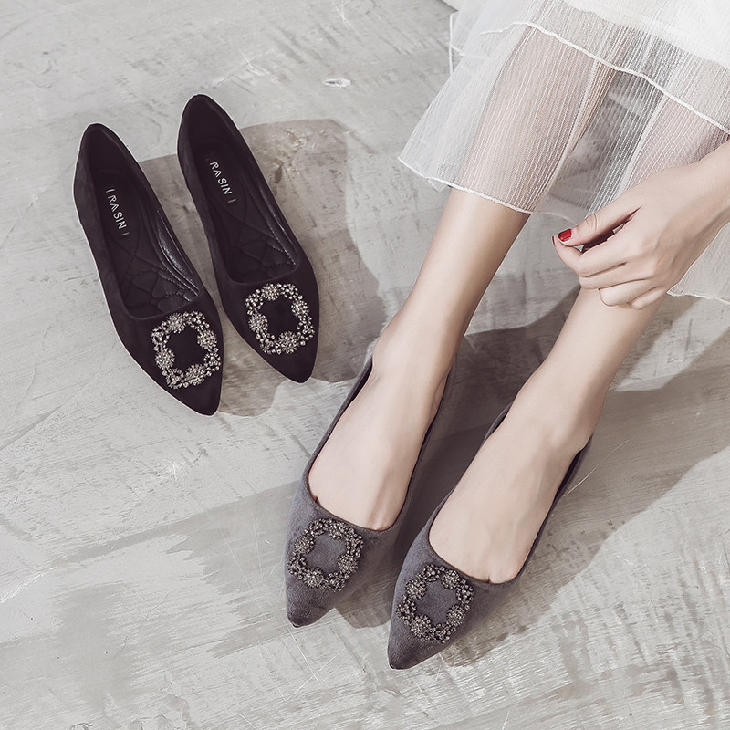 2024秋冬新款韩版尖头水钻仙y女风平底单鞋女百搭软底黑色加绒瓢,女鞋,浅口单鞋,淘宝优惠券,粉丝福利购,淘宝优惠卷