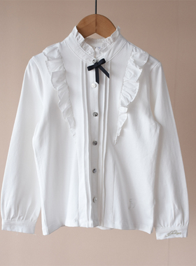 春秋款~法式气质荷叶边长袖女中大童2024新款蝴蝶结衬衣衬衫991