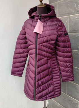 番米粒2件包邮S小码出口样衣女士中长款连帽轻薄丝棉棉服紫色