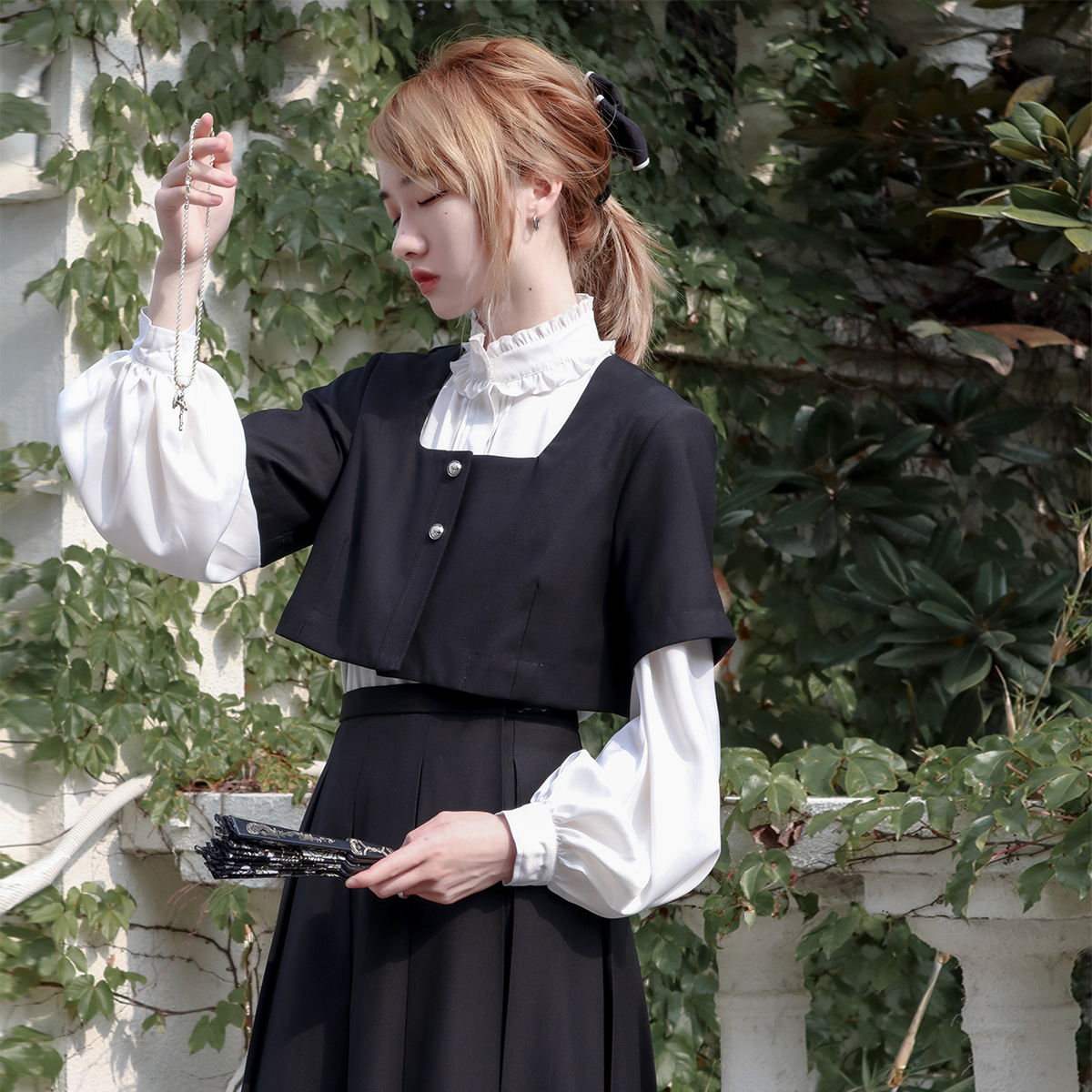 樱花家族jk制服【玛利亚】优雅衬衫短外套箱褶蕾丝女原创套装春季