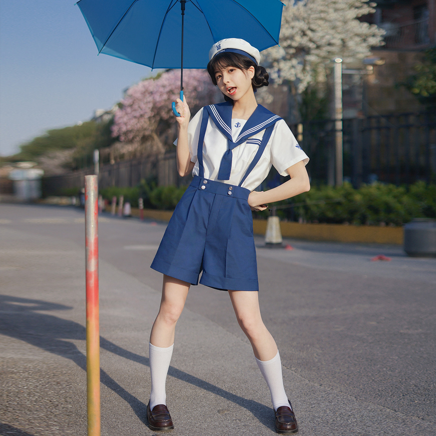 樱花家族jk制服【蔚蓝誓约】花绀背带短西裤水手服绀色白三本套装