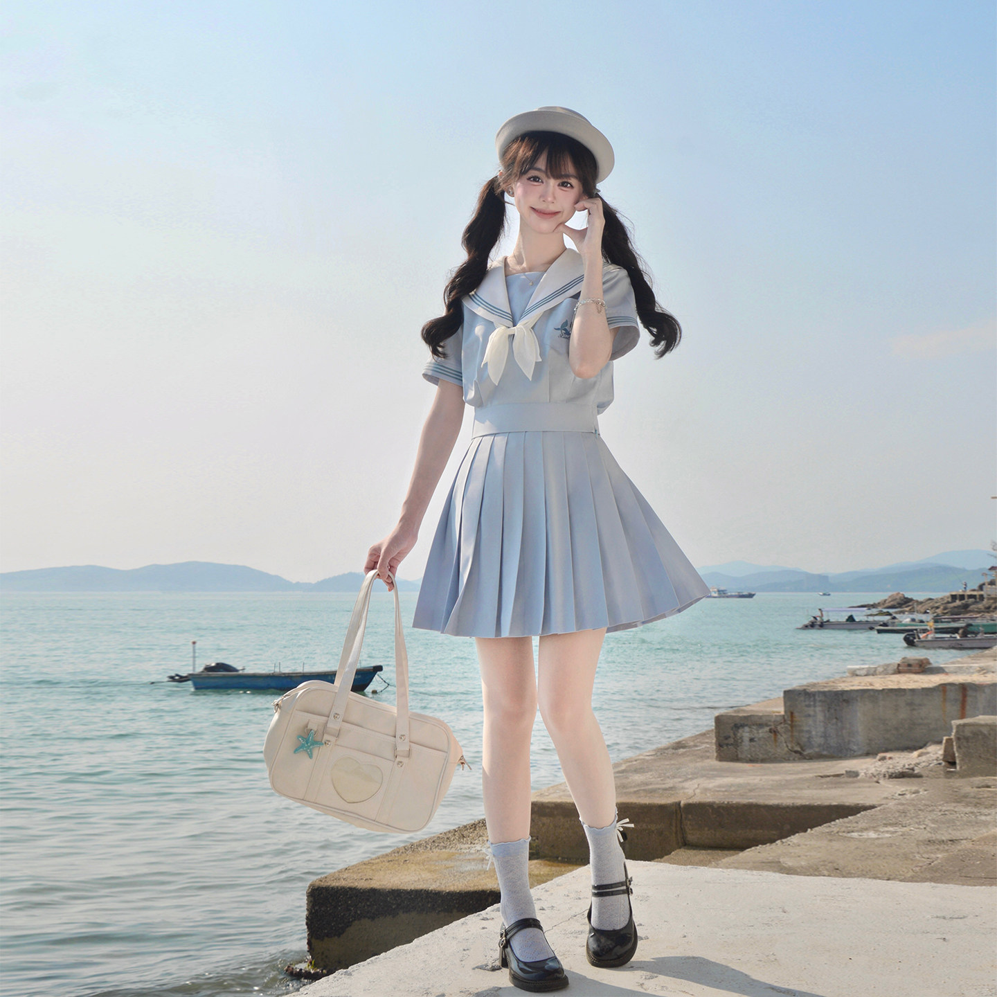 樱花家族原创jk制服【峡欧中学】灰水色收腰水手服夏服短袖套装女