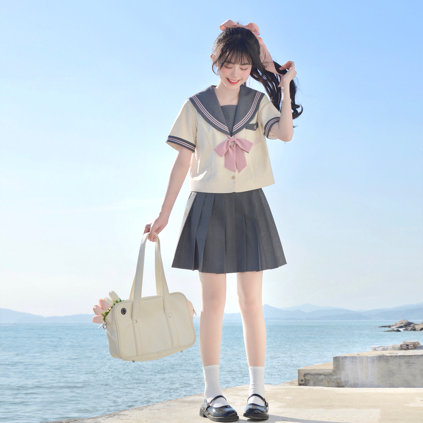 樱花家族原创jk制服水手服【椿岐女子】甜美灰粉色短袖夏服套装女