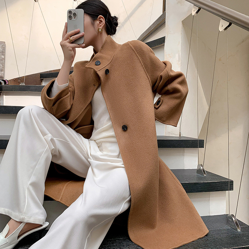 双面羊绒大衣女士秋冬新款立领加长款过膝宽松毛呢外套双面尼风衣