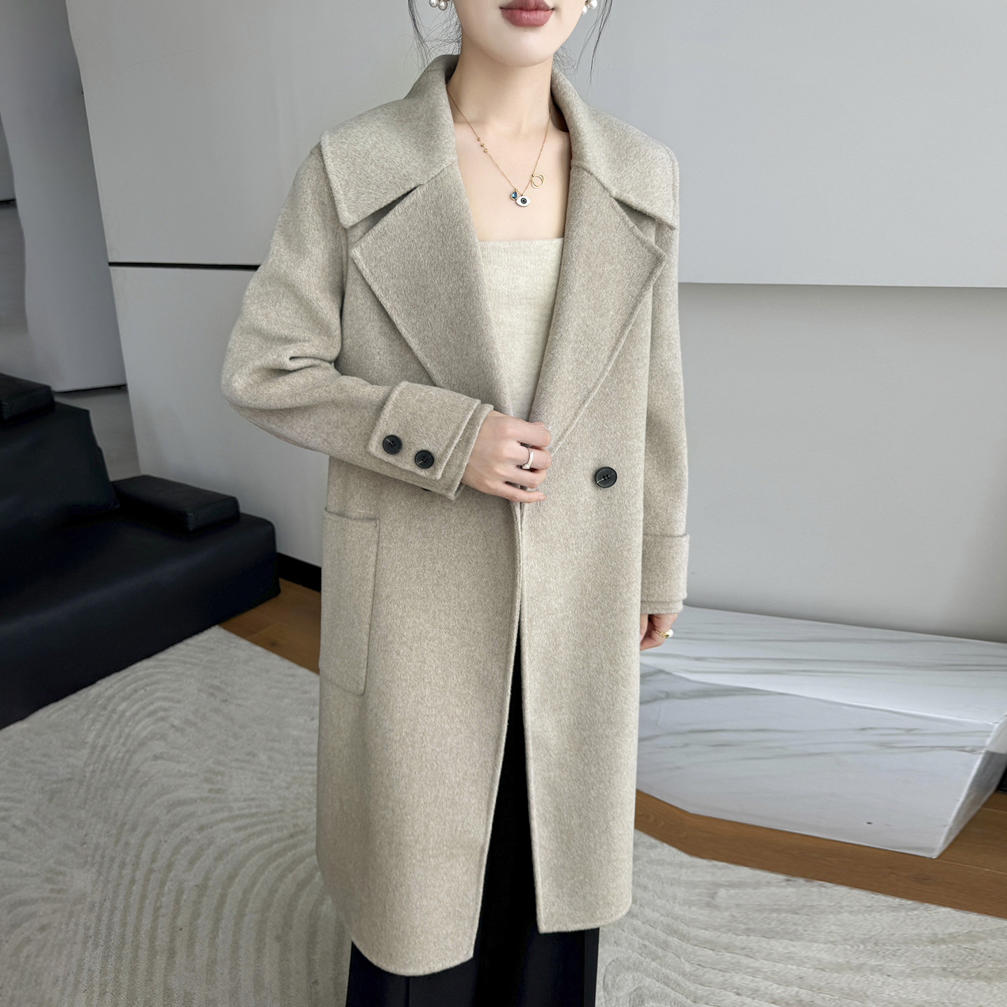 秋冬新款100%羊毛双面呢大衣女长款西装领双排扣气质毛呢外套