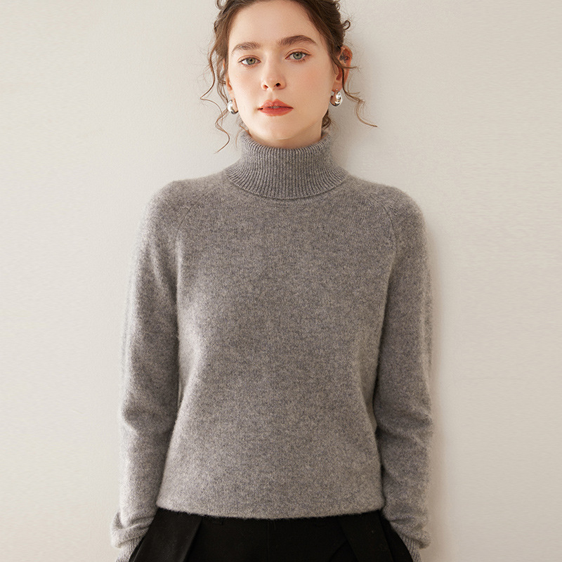 鄂尔多斯市高翻领羊绒衫女100%纯山羊绒双股加厚纯色针织打底毛衣
