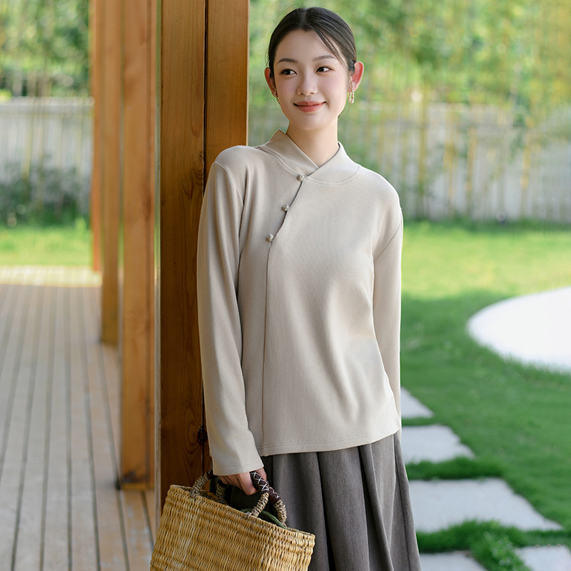 新中式女装2025秋冬季长袖德绒打底衫女感可外穿保暖内搭上衣
