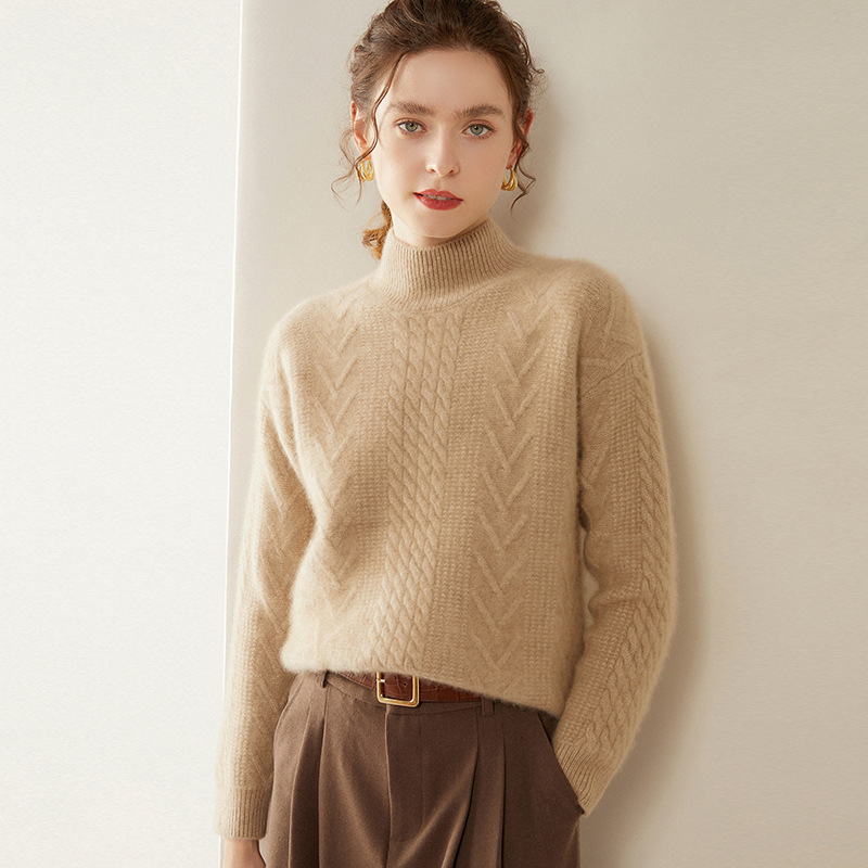 2024秋冬加厚羊绒衫女半高领宽松绞花纯色山羊绒套头中领打底毛衣