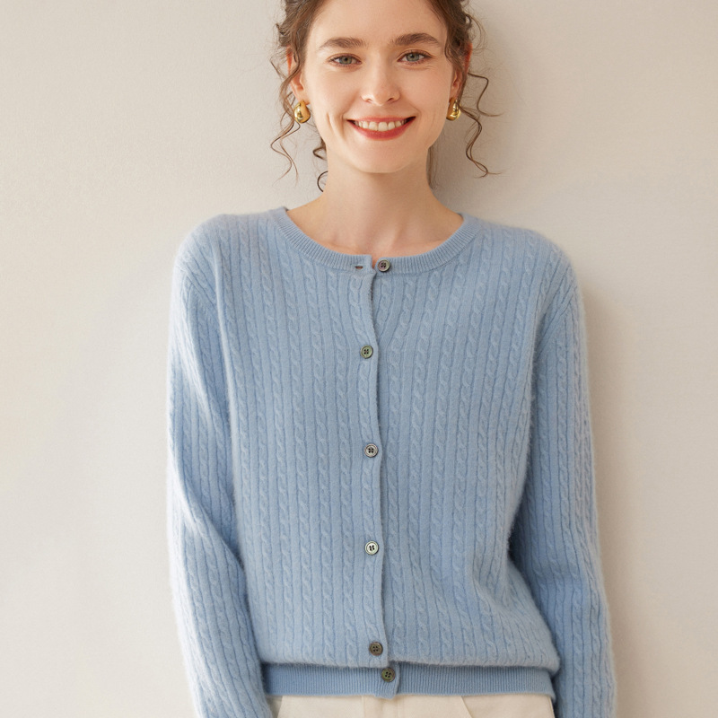 圆领羊绒开衫女25秋冬新款麻花长袖针织毛衣系扣短款百搭上衣外套