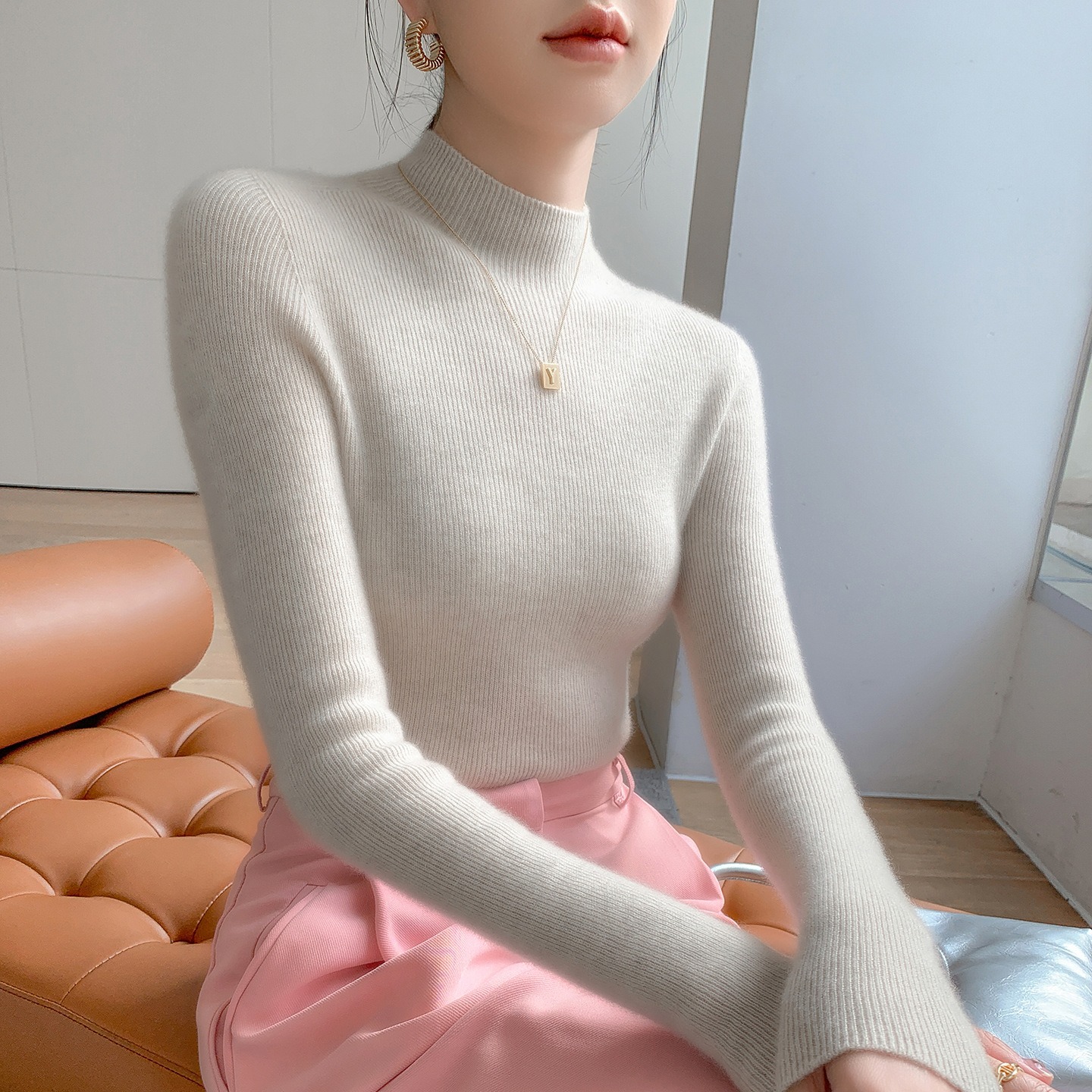 一线成衣半高领羊绒衫女100%纯山羊绒抽条修身显瘦针织打底衫毛衣