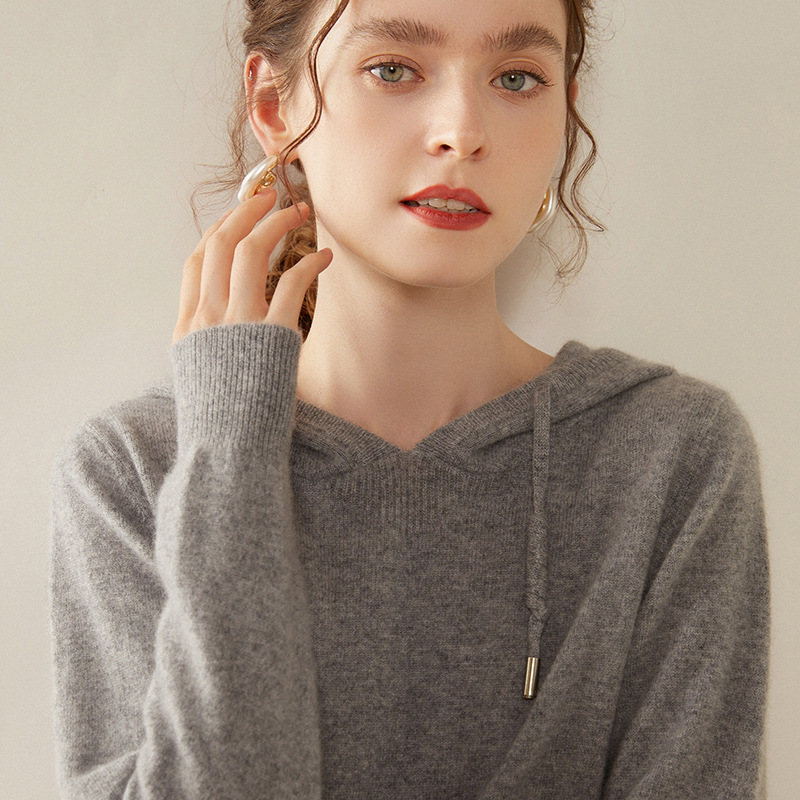 鄂尔多斯市100%纯山羊绒帽衫女秋冬宽松薄款连帽毛衣针织打底卫衣