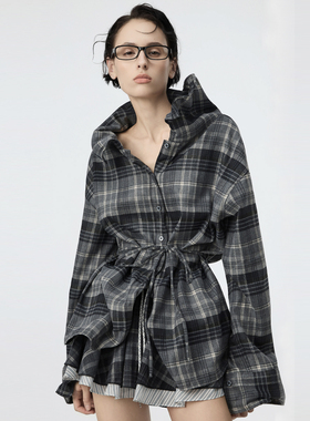 鱼骨格子微微毛绒廓形披肩外套衬衫