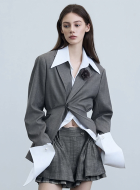 宽松收腰绑带软肩棉羊毛精纺时尚西装