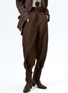 时髦法式中高腰剪裁直简弯刀裤