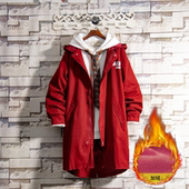 连帽风衣男生新款 美式 中长款 春秋冬红色加绒加厚潮牌慵懒大衣外套