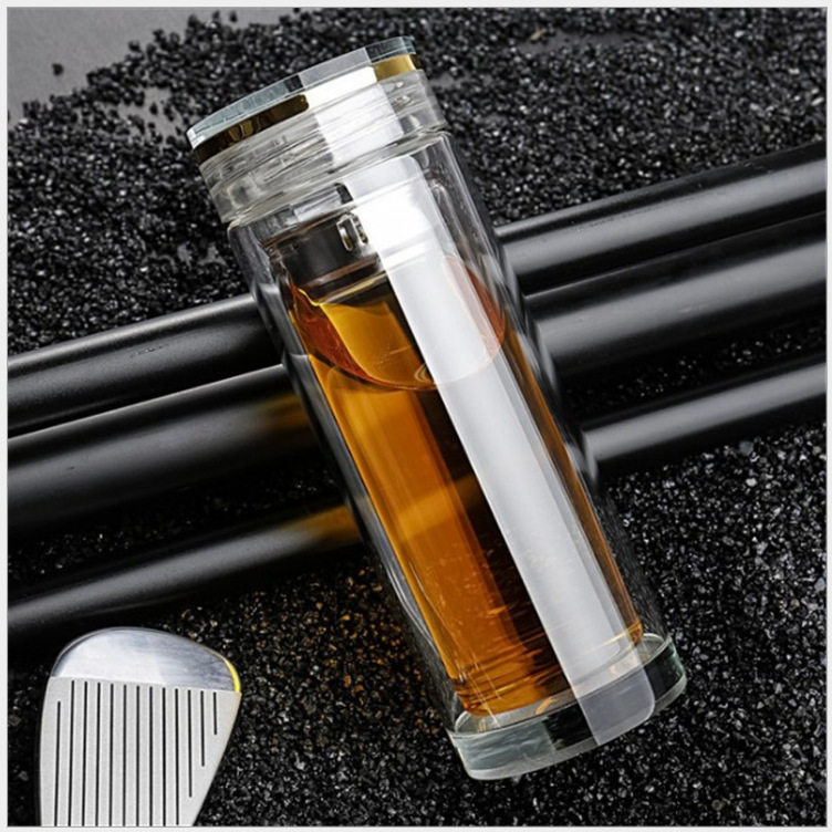 高档双层加厚玻璃杯茶杯透明隔热水晶杯商务高档礼品水杯LOGO印制