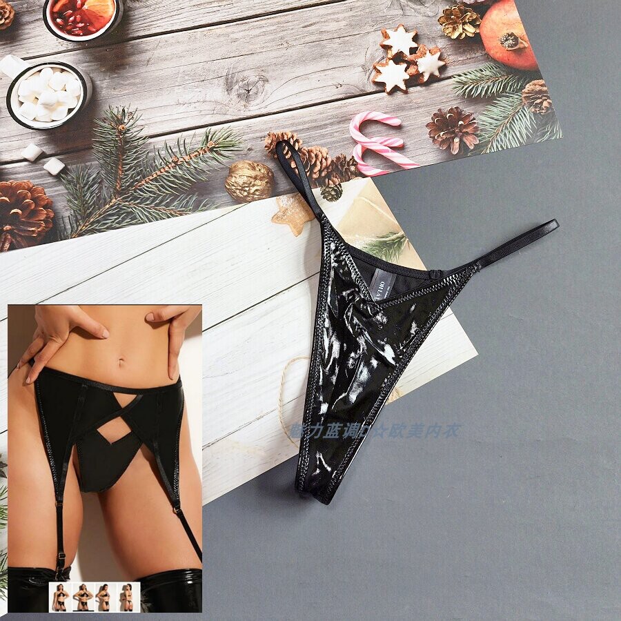 三110-130斤 法国OHLA黑色柔软漆皮情趣性感中腰女细带丁字裤T裤