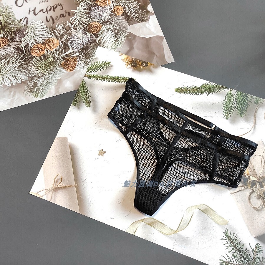 三90-120斤 美国外贸单黑色情趣透视网眼性感T裤高腰女宽边丁字裤