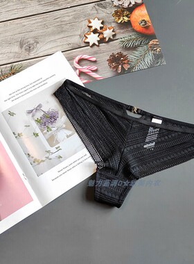 三95-110斤 法国TEX黑色镂空软蕾丝金属扣性感低腰女窄半臀三角裤