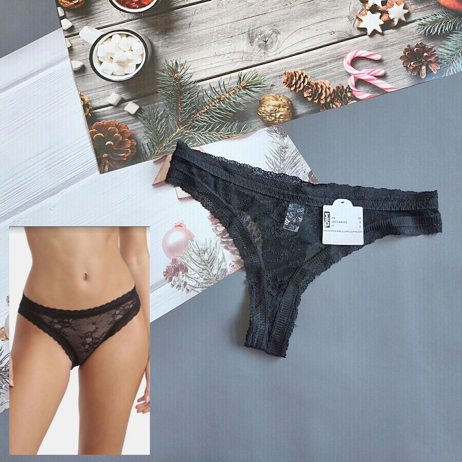 三110-125斤 法国DIM黑色透视镂空蕾丝中腰女丁字裤性感透明T裤